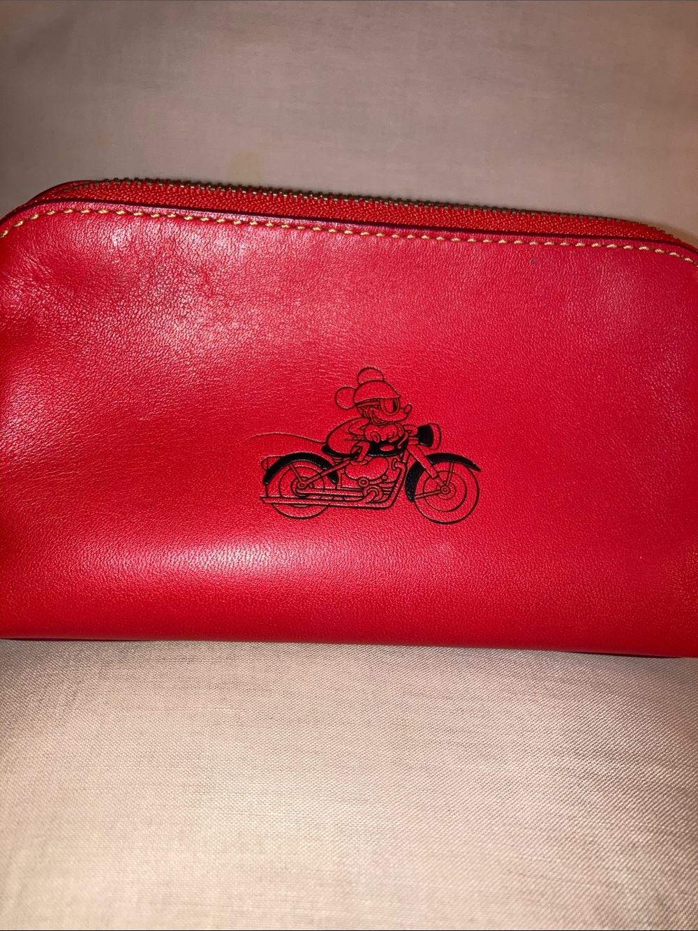 Coach Red Leather Zip Cosmetic Pouch with Black Motorcycle Graphic